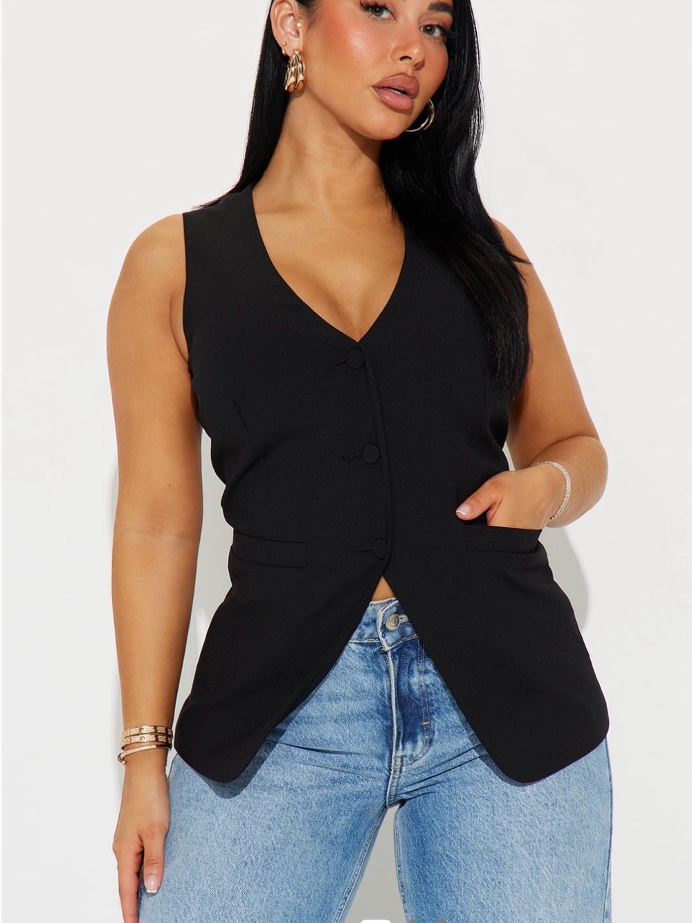 Fashion Nova Black Sleeveless Button Front Vest Top